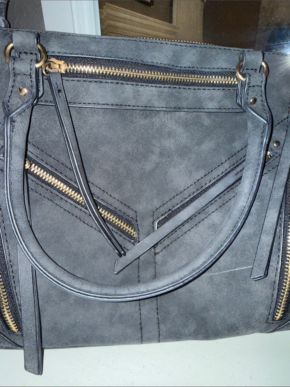 Dark Grey Women's Zipper Accent Shoulder Bag with Gold Hardware